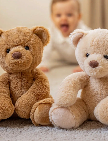 Hjalmar teddybeer knuffel samen met een andere teddybeer in een sfeervolle huiskamerfoto