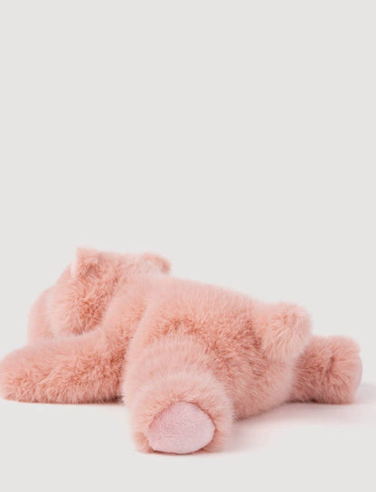 Achteraanzicht van de Pluche Nijlpaard knuffel liggend, met zachte roze vacht