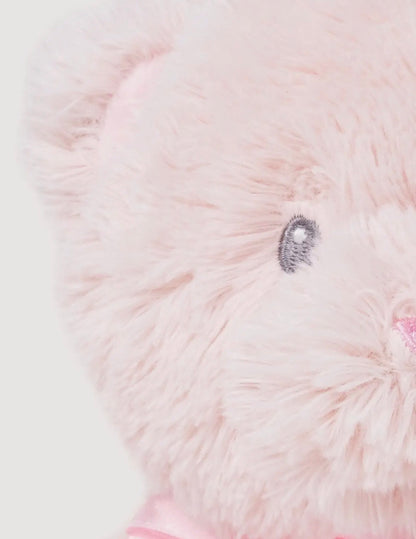 Pluche Babybeer Teddy - close-up van gezicht en roze lintje