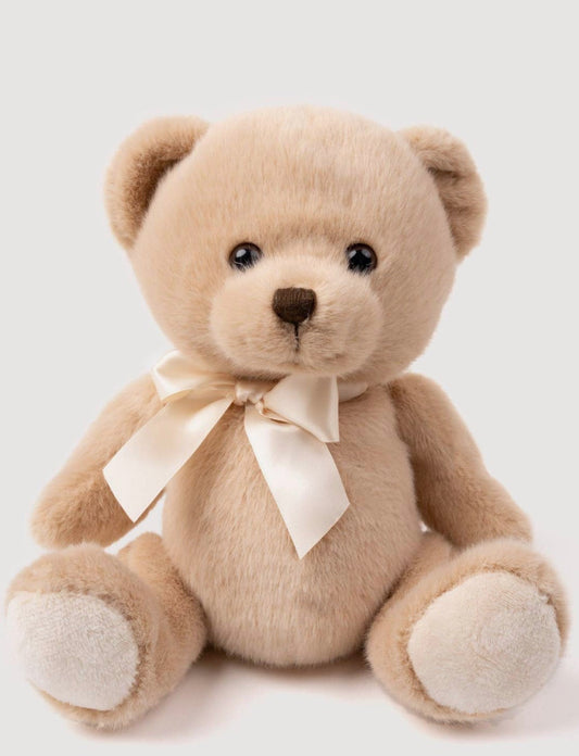 Pluche Teddybeer Bastian - lichtbeige knuffelbeer met satijnen strik, vooraanzicht