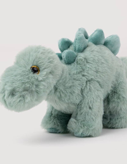 Vooraanzicht van de Pluche Stegosaurus knuffel met goudbruin oog en saliegroene ruggenplaten