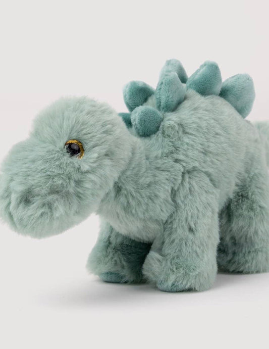 Vooraanzicht van de Pluche Stegosaurus knuffel met goudbruin oog en saliegroene ruggenplaten