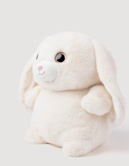 Vooraanzicht van de Sumo Konijn knuffel, een wit knuffelkonijn met lange oren