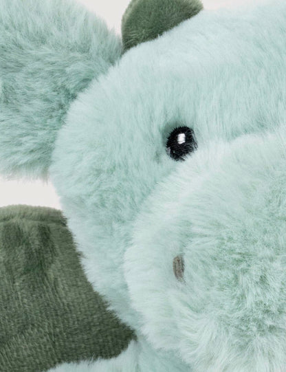 Verwarmbare Knuffel Dino - close-up van gezicht met warmte- en koelkussen